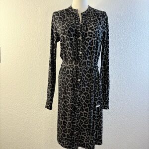 Michael Kors Cheetah Print Dress M Button Front Belted Knit Long Sleeve